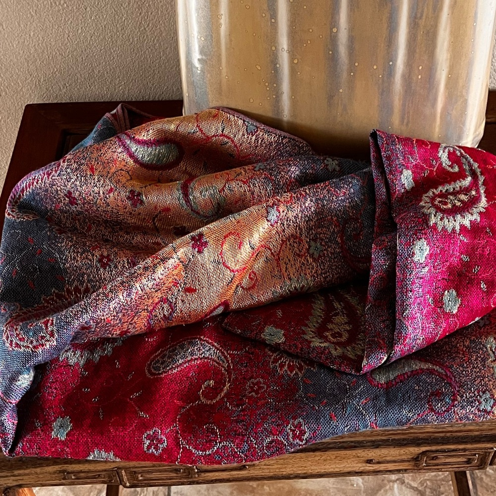“Pashmina” style scarf blue pink purple gold colors